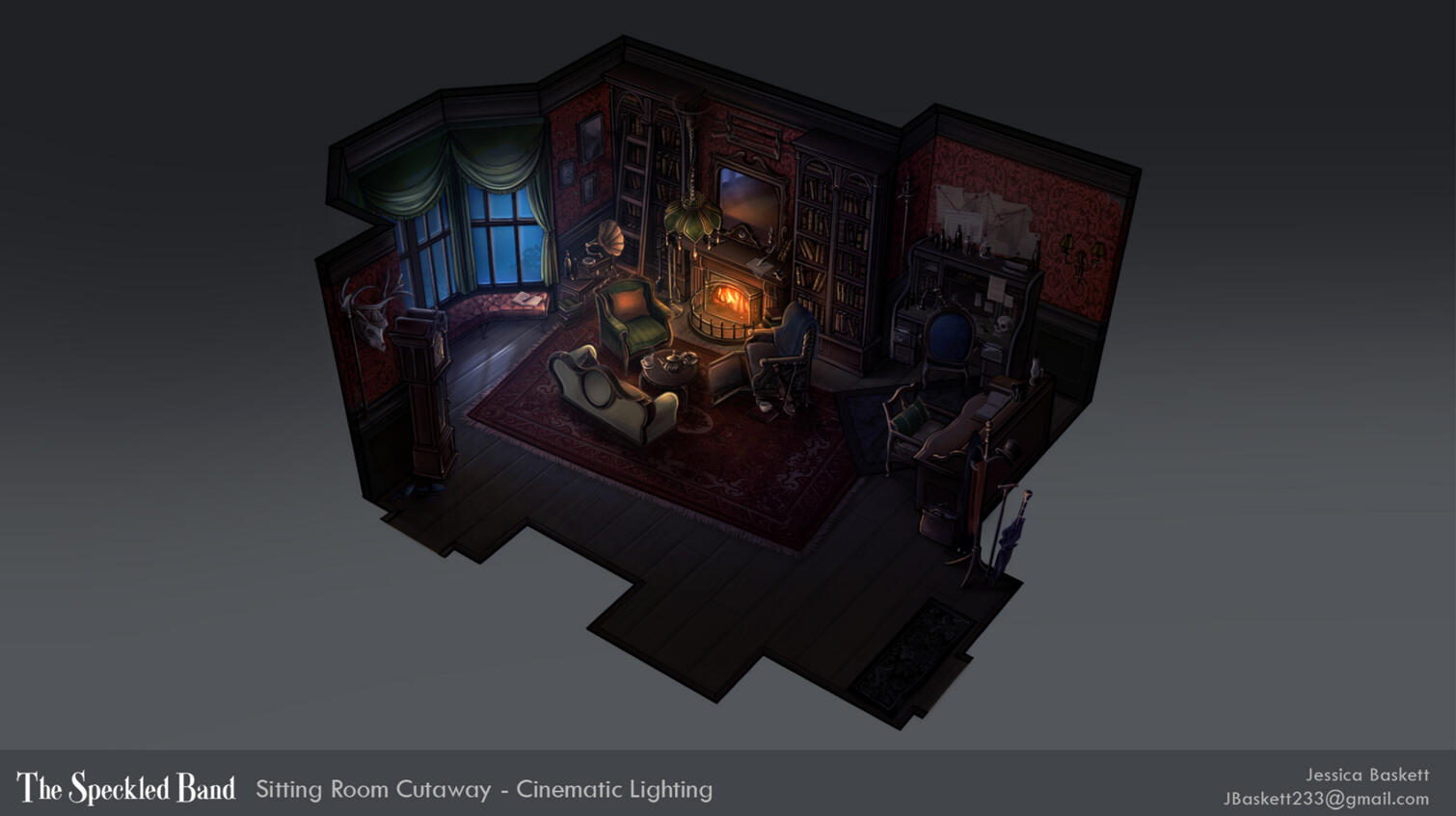 "The Speckled Band" Sitting Room cutaway- Cinematic lighting. 2026.