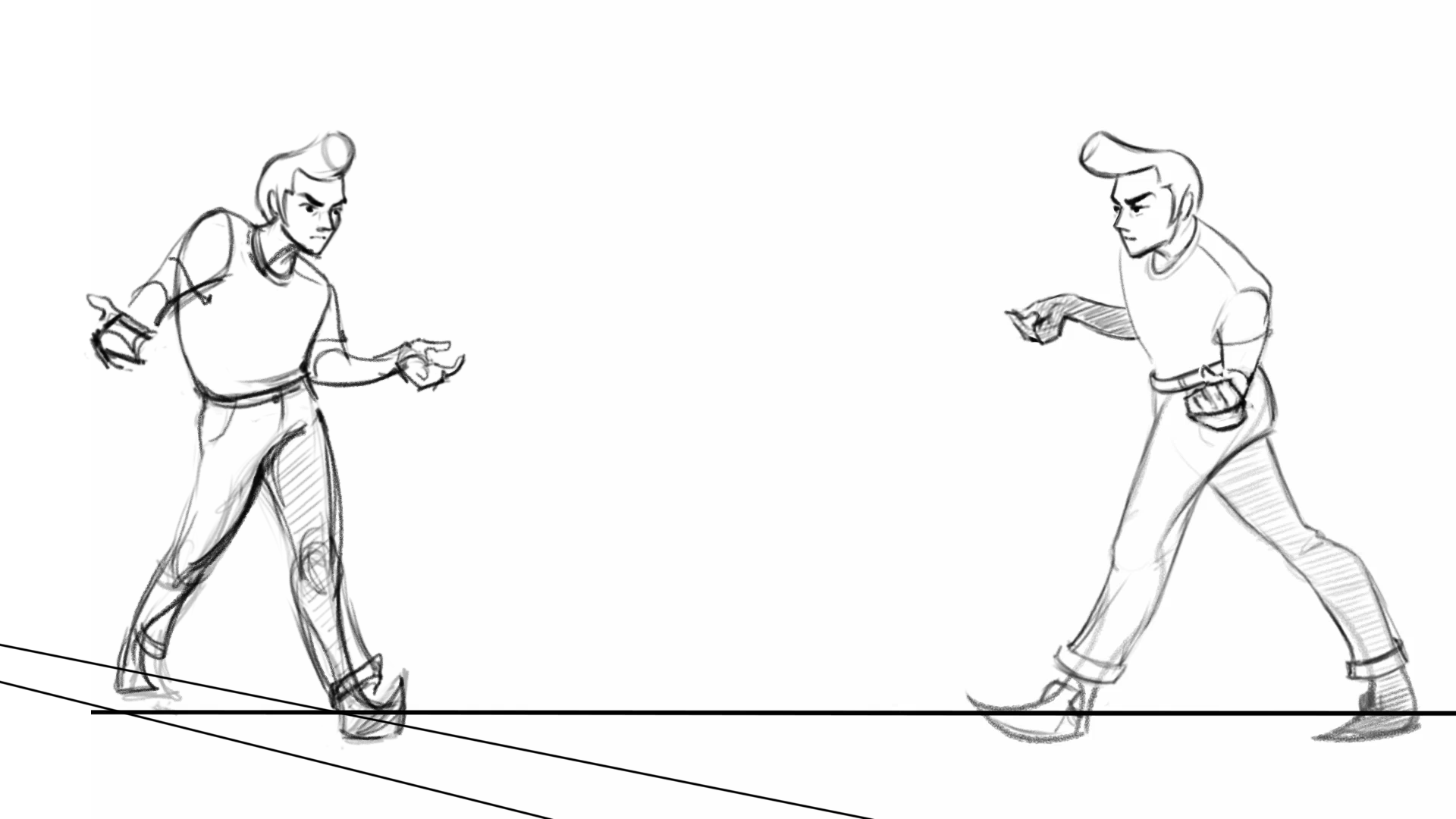 Rough personality walk cycle and translation to 3/4 view. 2024.